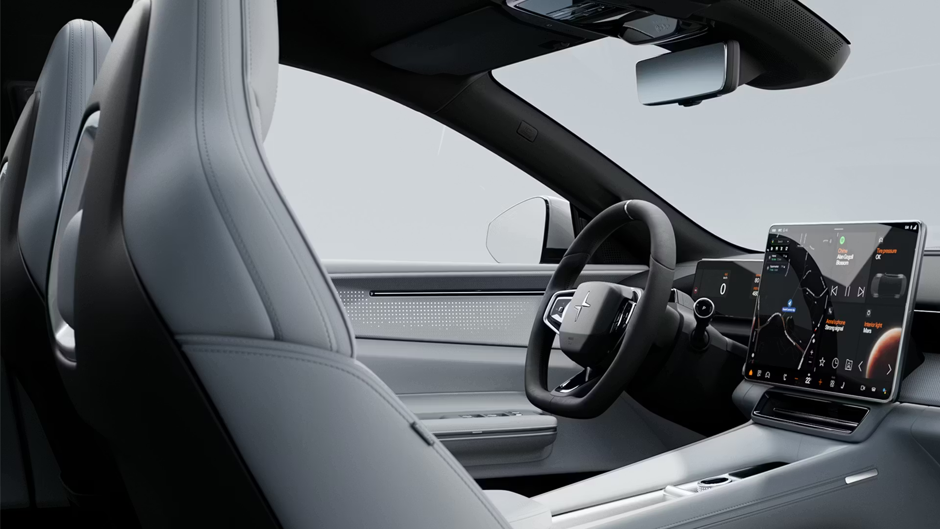 Intérieur du Polestar 4 avec sièges premium et toit panoramique