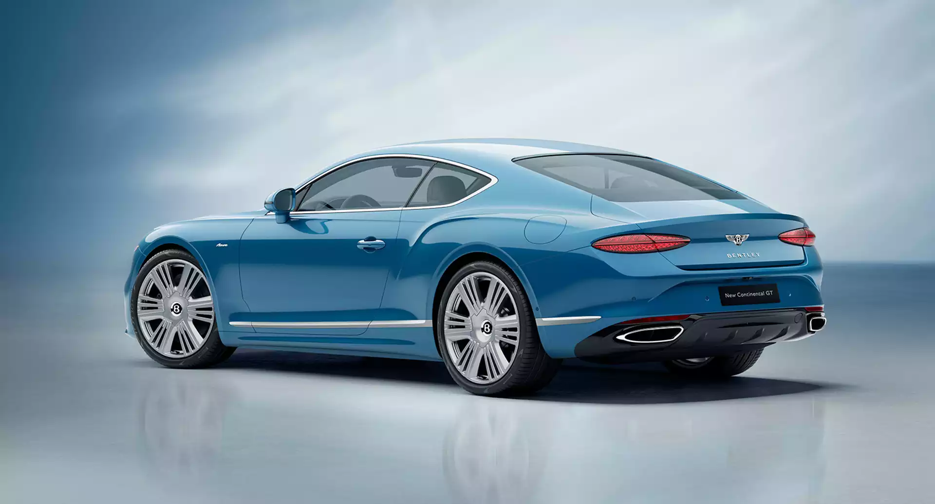 vue 3/4 arrière de la bentley continental GT azure chez Bentley Genève
