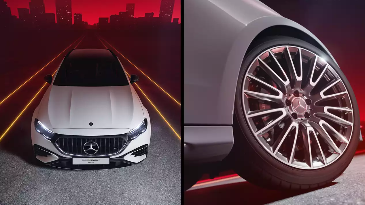 Vue avant et jantes AMG de le Mercedes-AMG E 63 Break au Groupe Chevalley