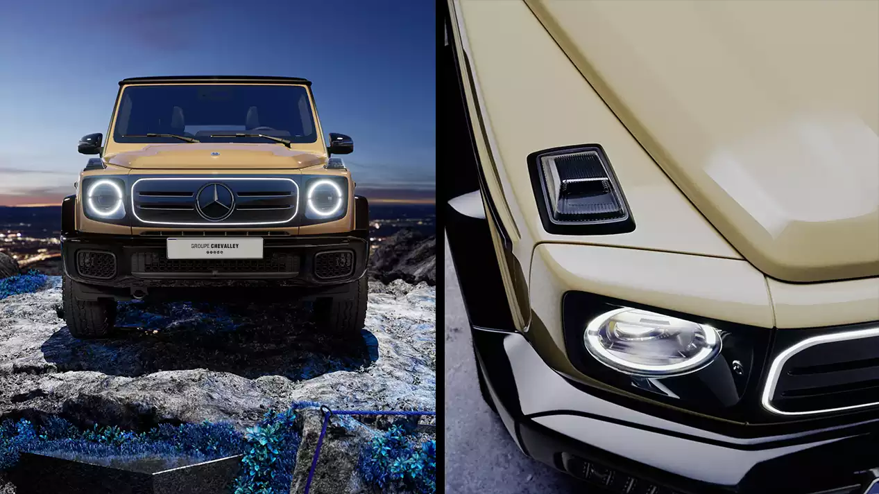 Vue avant et capot de le Mercedes-Benz G electric au Groupe Chevalley