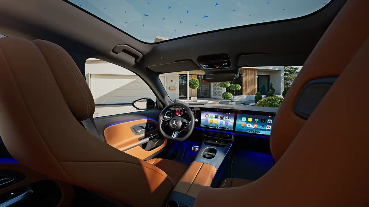 vue du cockpit du Mercedes GLB électrique avec technologie EQ dans la rue