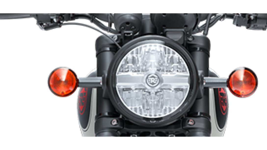 Vue avant de la Royal Enfield HNTR 350 2026 mettant en avant le phare rond