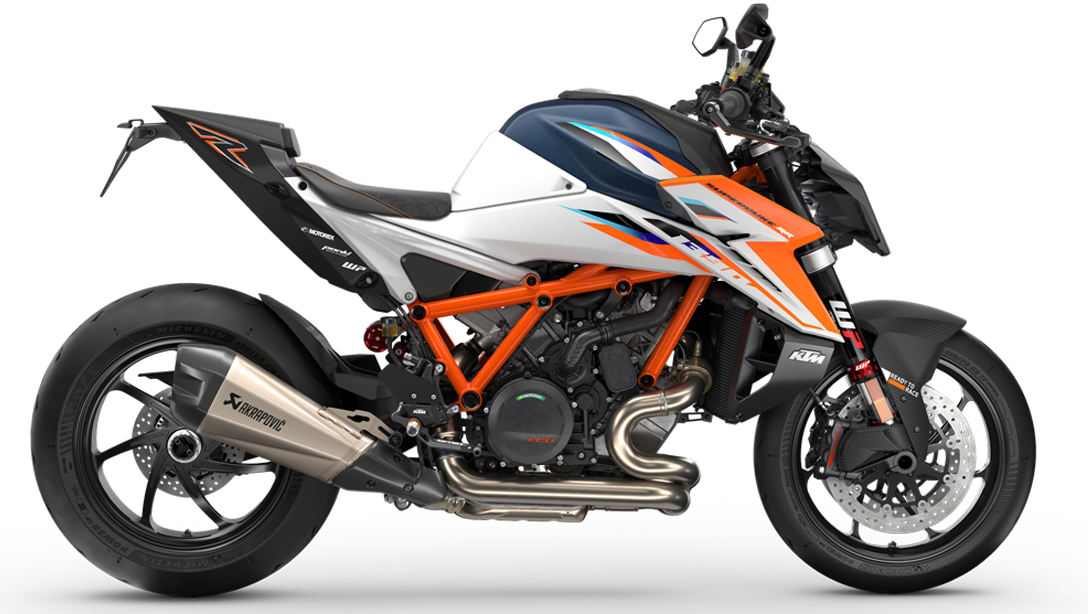 Vue avant de la KTM 1390 Super Duke RR 2026 en action sur circuit