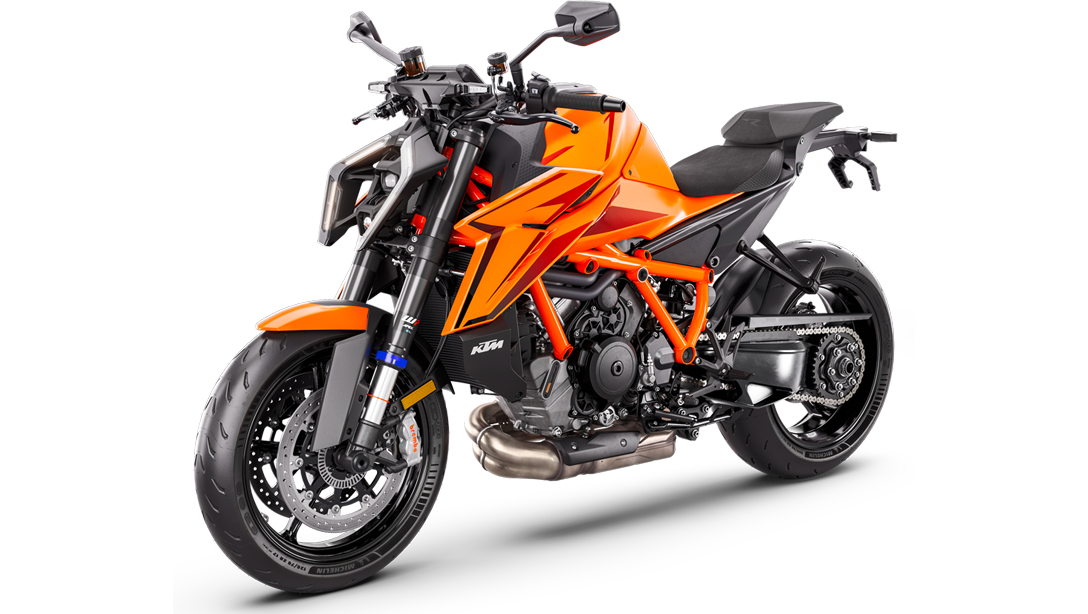Face avant de la 2026 KTM 1390 Super Duke R EVO avec phare LED distinctif.
