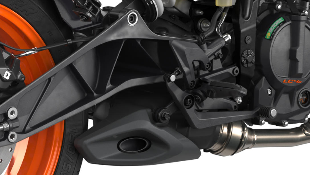 Vue de profil de la KTM 125 Duke 2026, design sportif.
