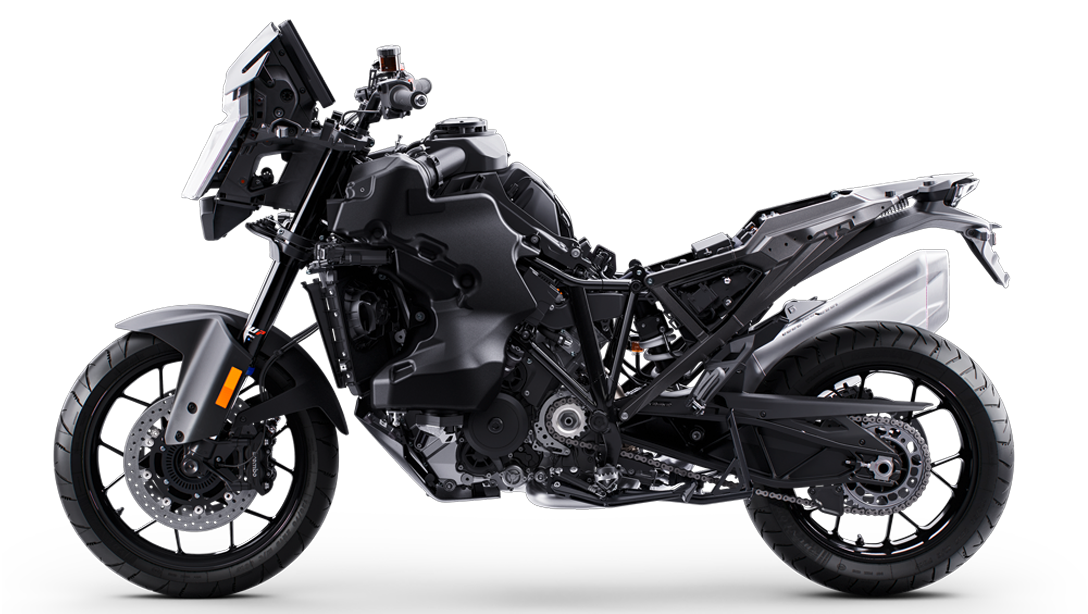 Profil latéral de la KTM 1390 Super Adventure S Evo 2026 en action