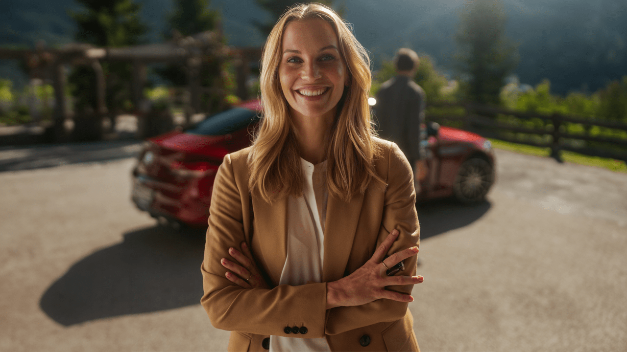 Conseillère Mercedes-Benz avec une voiture Mercedes en arrière plan 