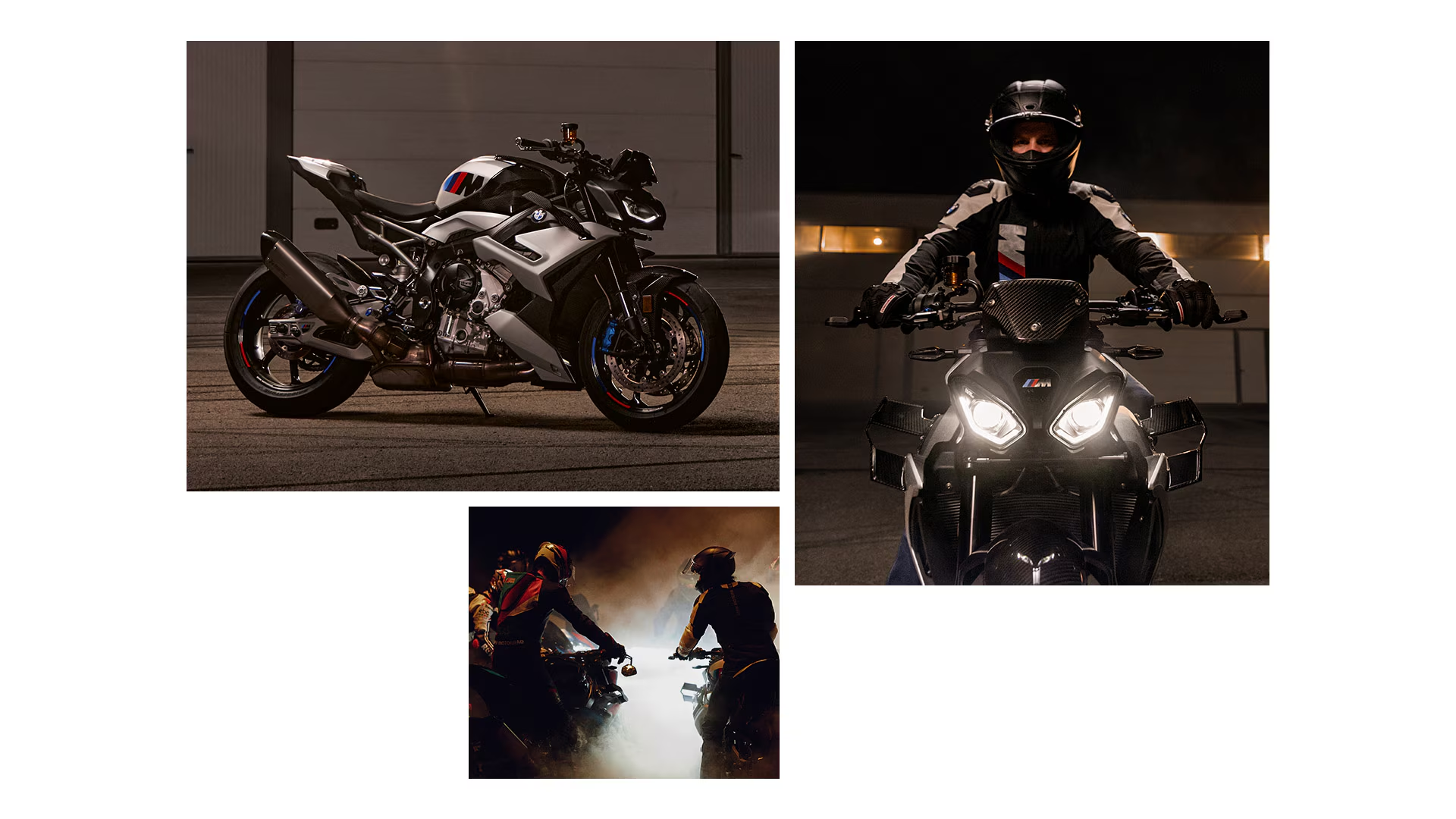 BMW M 1000 R vue de trois-quarts avant, en pleine accélération
