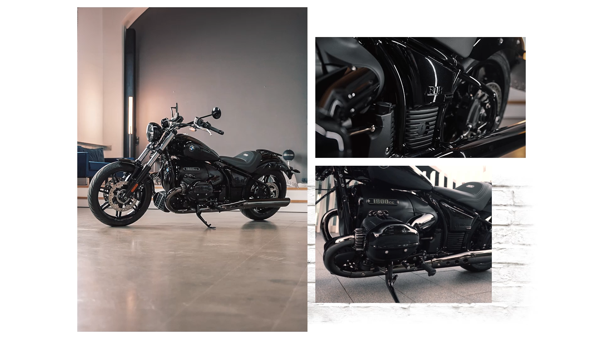 BMW R 18 vue de trois-quarts avant, mettant en avant le design du phare et du moteur.