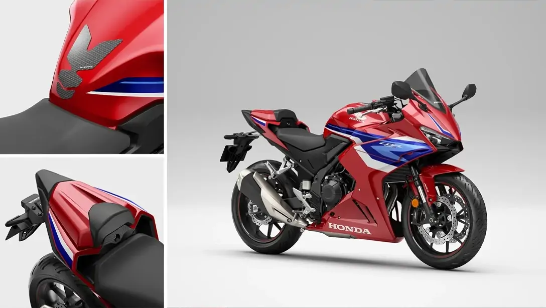 Honda CBR500R stationnée devant un paysage urbain moderne
