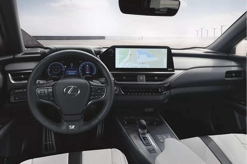 Console centrale du Lexus UX 2026 avec écran tactile et commandes intuitives