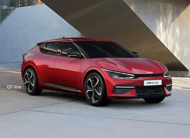 Vue avant dynamique de la Kia EV6 électrique sur route